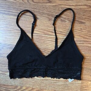 Aerie Black Ribbed Bralette With Lace Detail